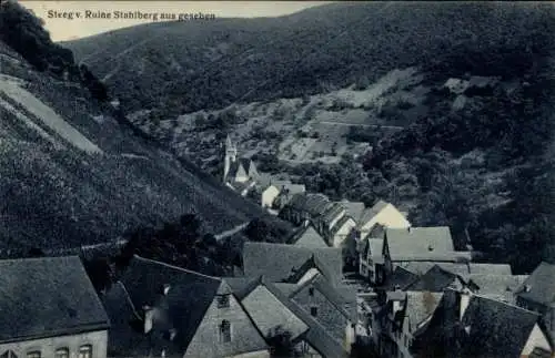 Ak Steeg Bacharach am Rhein, Gesamtansicht, Ruine Burg Stahlberg