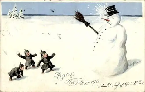 Künstler Ak Hoffmann, Ad., Glückwunsch Neujahr, Kinder als Soldaten, Schneemann, Schneeball