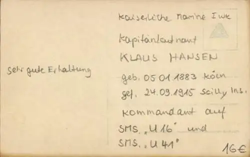 Ak Kapitänleutnant Claus Hansen, SM U 41, Kaiserliche Marine