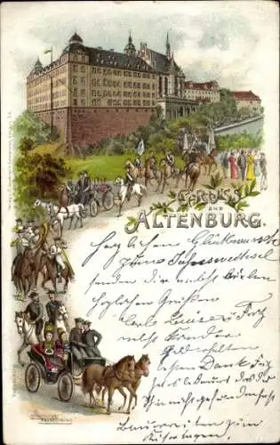 Litho Altenburg in Thüringen, Schloss, Pferdekutschen