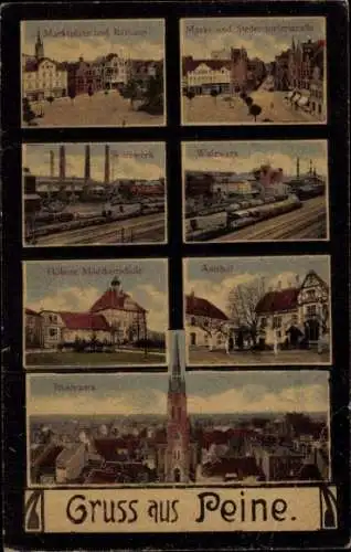 Ak Peine in Niedersachsen, Panorama, Marktplatz, Rathaus, Walzwerk, Amthof, Mädchenschule