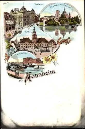 Litho Mannheim in Baden, Postamt, Stadtpark mit Sternwarte, Rathaus, Hafen