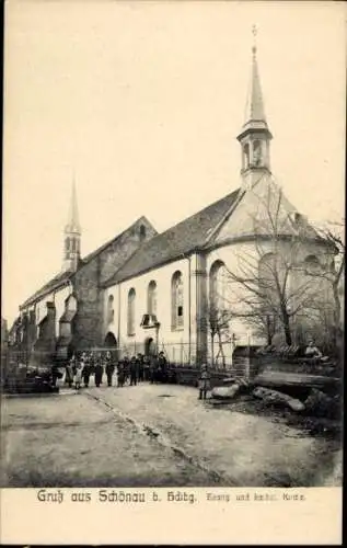 Ak Schönau bei Heidelberg Odenwald, Evang. und Kathol. Kirche