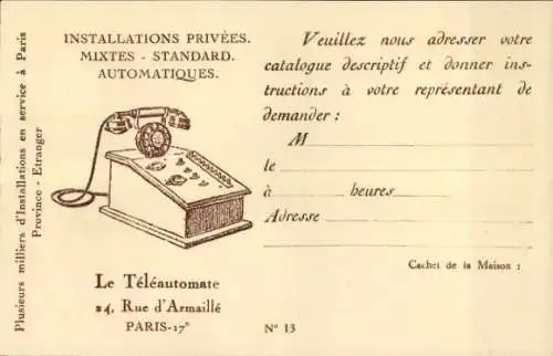 Ak Paris XVII., Reklame, Le Teleautomate, Private Installations, 24 Tue d’Armaille