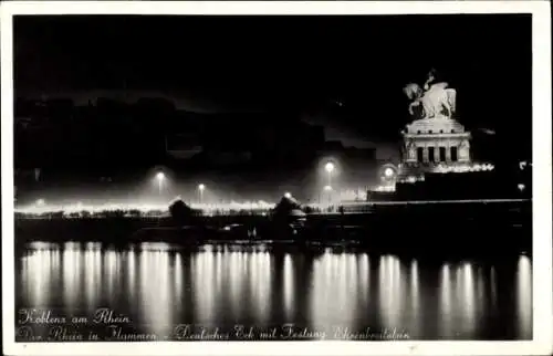 Ak Koblenz am Rhein, Rhein in Flammen, Deutsches Eck, Denkmal Kaiser Wilhelm I., Ehrenbreitstein