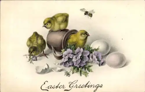 Ak Glückwunsch Ostern, Küken und Eier, Biene, Blumen