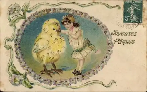 Präge Litho Glückwunsch Ostern, Mädchen und großes Küken, Ei