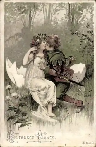 Ak Glückwunsch Ostern, Küssendes Liebespaar, Eierschale