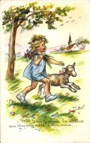 Künstler Ak Bouret, Germaine, Mädchen und Lamm auf einer Wiese