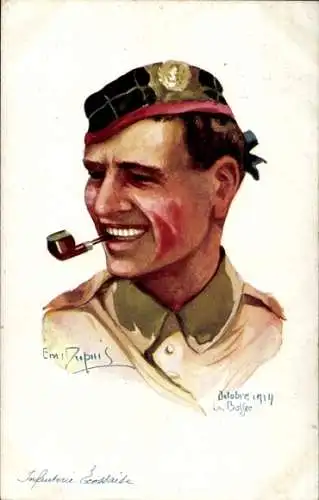 Künstler Ak Dupuis, Em., Französische Alliierte, Schottischer Infanterist, Pfeife rauchend