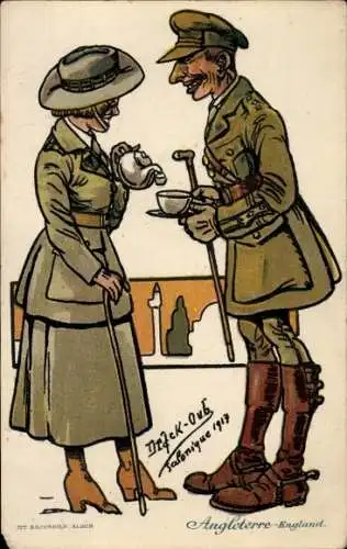 Künstler Ak Britischer Soldat in Saloniki 1917, Frau mit Teekanne