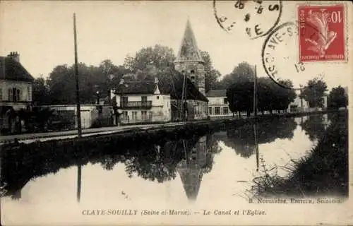 Ak Claye Souilly Seine et Marne, Kanal, Kirche