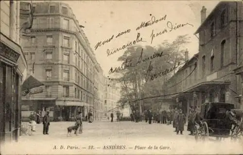 Ak Asnières sur Seine Hauts-de-Seine, Place de la Gare