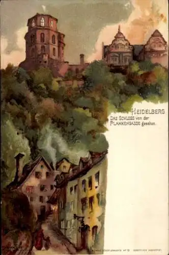 Künstler Litho Pfaff, C., Heidelberg am Neckar, Schloss von der Plankengasse gesehen