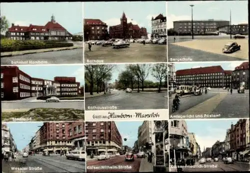 Ak Hamborn Marxloh Duisburg am Rhein, Bahnhof, Rathaus, Bergschule, Amtsgericht, Postamt, Stadtbad