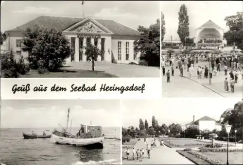 Ak Ostseebad Heringsdorf auf Usedom, Teilansichten, Fischkutter, Park