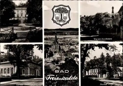 Ak Bad Freienwalde an der Oder, Wappen, Aussichtsturm, Moorbad, Kurhaus, Puschkinhaus