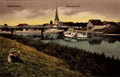 Ak Holzminden an der Weser, Teilansicht, Dämmerung