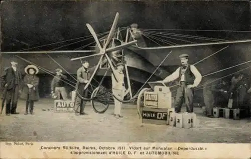 Ak Vidart auf dem Deperdussin-Eindecker, Militärwettbewerb in Reims 1911, Automobil, DF Oil