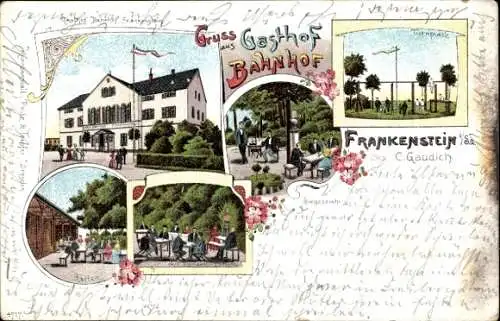 Litho Frankenstein Oederan, Gasthof Bahnhof, Turnplatz, Garten, Birmarckdenkmal