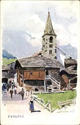 Künstler Ak Evolène Kanton Wallis, Dorfpartie, Kirche