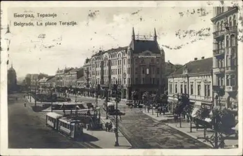 Ak Belgrad Belgrad Serbien, Terazije Platz, Straßenbahn