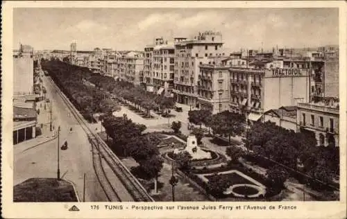 Ak Karthago Tunis Tunesien, Strassenansicht mit Parkanlagen, Avenue Jules Ferry, Avenue de France