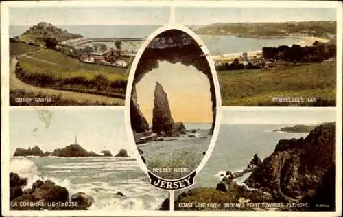 Ak Kanalinsel Jersey, Gorey Castle, Needle Rock, Saint-Brelade's-Bay, Corbiere-Leuchtturm