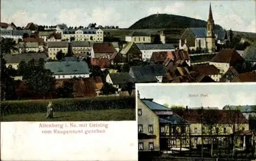 Relief Ak Geising Altenberg im Erzgebirge, Totalansicht vom Raupennest aus gesehen, Hotel Post