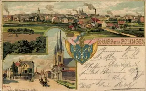 Künstler Präge Litho Grimm, A., Solingen im Bergischen Land, Panorama, Wappen, Kirche