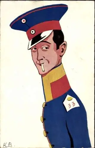 Künstler Ak Deutscher Soldat in Uniform, Regiment 33, Karikatur