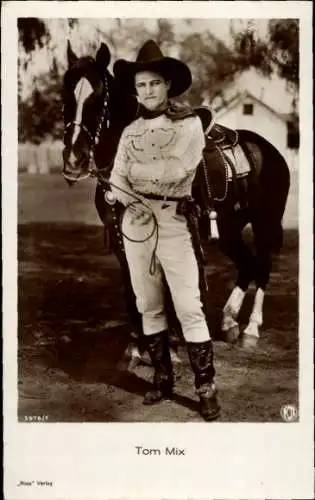 Ak Schauspieler Tom Mix, Portrait als Cowboy mit Pferd