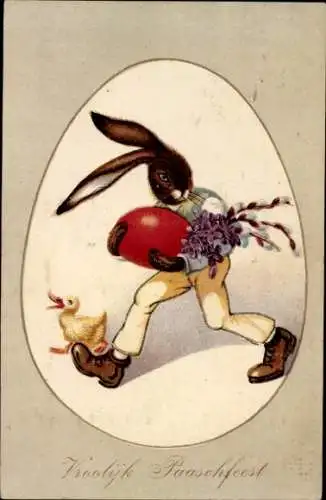 Ak Glückwunsch Ostern, Osterhase, Osterei, Weidenkätzchen, Veilchen, Entenküken