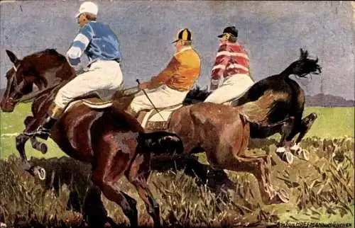 Künstler Ak Hoffmann, Anton, Pferderennen, Hindernissprung, Jockeys