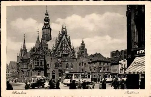 Ak Wrocław Breslau Schlesien, Rathaus, Straßenbahn