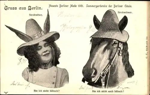 Ak Berlin, Neueste Berliner Mode 1901, Strohwitwe, Strohwitwer, Pferd, Hüte, Humor