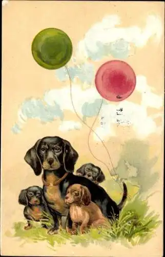 Künstler Litho Dackel, Welpen, Luftballons