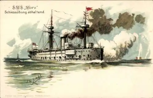 Künstler Litho Siehl, Deutsches Kriegsschiff, SMS Mars, Kreuzerkorvette, Schießübung