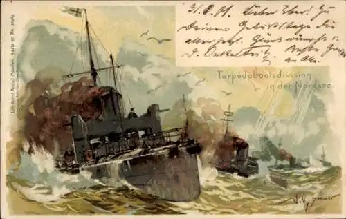 Künstler Litho Stöwer, W., Torpedobootsdivision in der Nordsee, Kaiserliche Marine