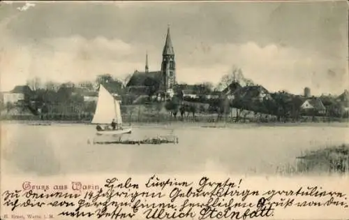 Ak Warin in Mecklenburg, Kirche, Segelboot