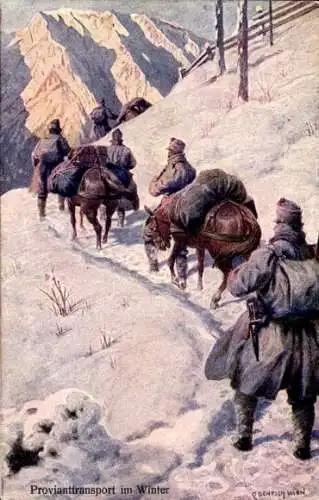 Künstler Ak Benesch, Kaiserlich-königliche Armee, Provianttransport im Winter, Alpenkrieg