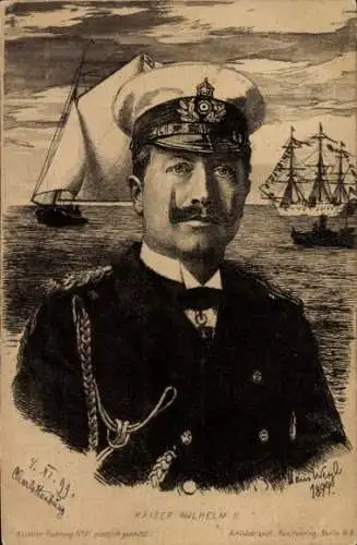 Künstler Ak Weyl, Kaiser Wilhelm II., Portrait, Segelschiffe