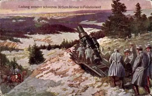 Künstler Ak KuK Armee, Alpenkrieg, Ladung eines 30.5 cm Mörser in Feindesland, I WK