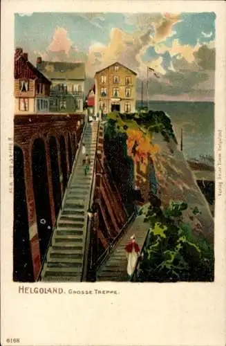 Künstler Litho Helgoland, Große Treppe, Blick aufs Meer, Spaziergänger