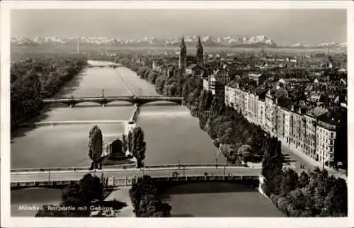 Ak München, Isar, Stadtpanorama, Gebirge