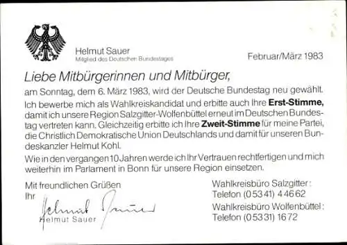 Ak Politiker Helmut Sauer, Portrait, Autogramm