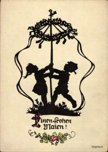 Scherenschnitt Künstler Ak Plischke, G., Einen frohen Maien, Maibaum, Kinder