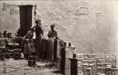 Künstler Ak Mastroianni, Domenico, L'Oiseau Nouveau, der neue Vogel, Flugzeug, Doppeldecker