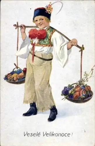 Künstler Ak Glückwunsch Ostern, Junge, Tschechische Tracht, Ostereier