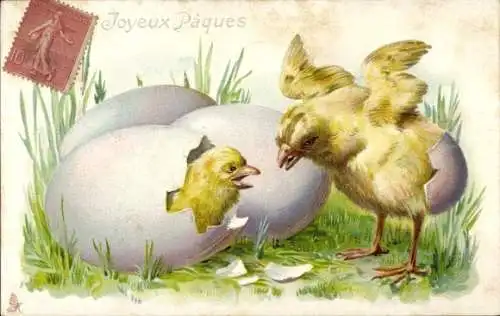 Präge Litho Glückwunsch Ostern, Küken, Eier